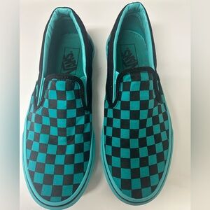 Vans Black and Teal Checkered Slip-Ons